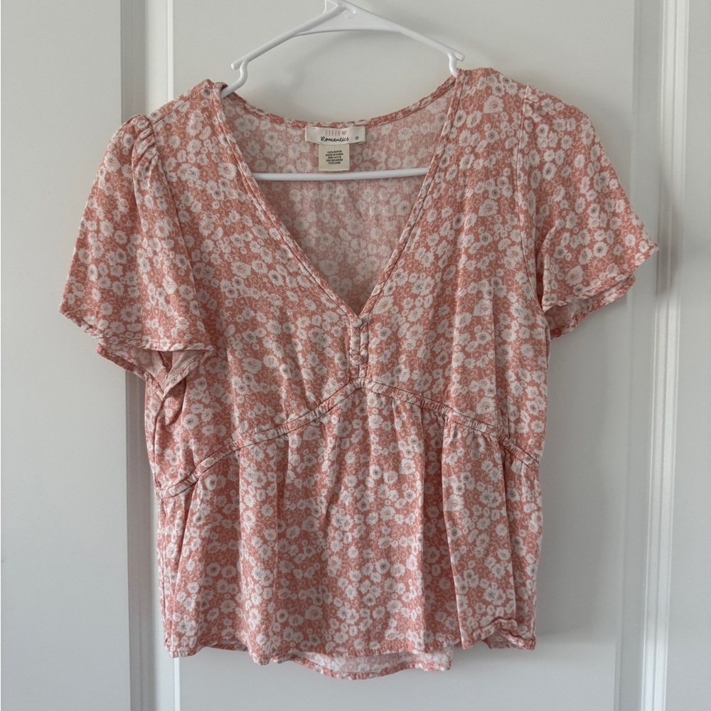 URBAN Romantics Coral Pink Floral V-Neck Peplum Top